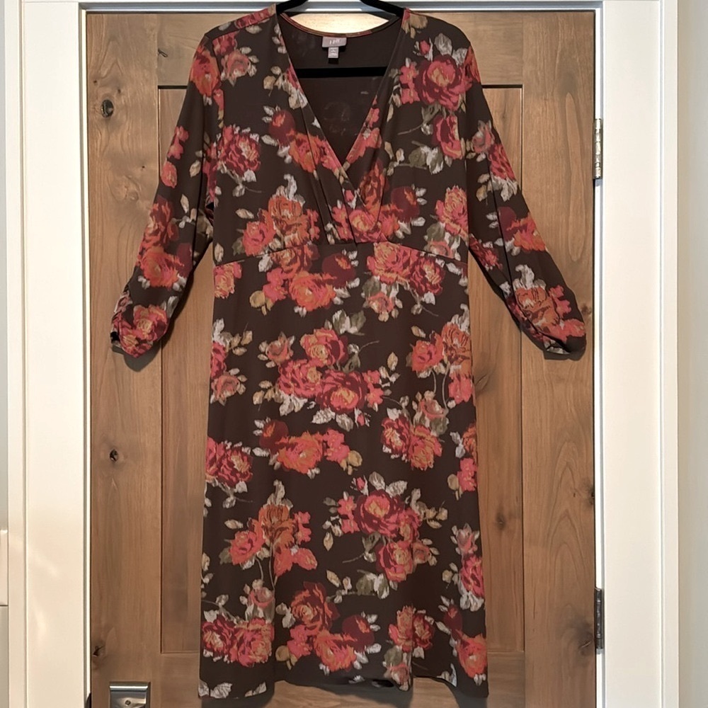 j.Jill Faux Wrap Midi Dress Womens LP Floral Fall Pop over stretch office career